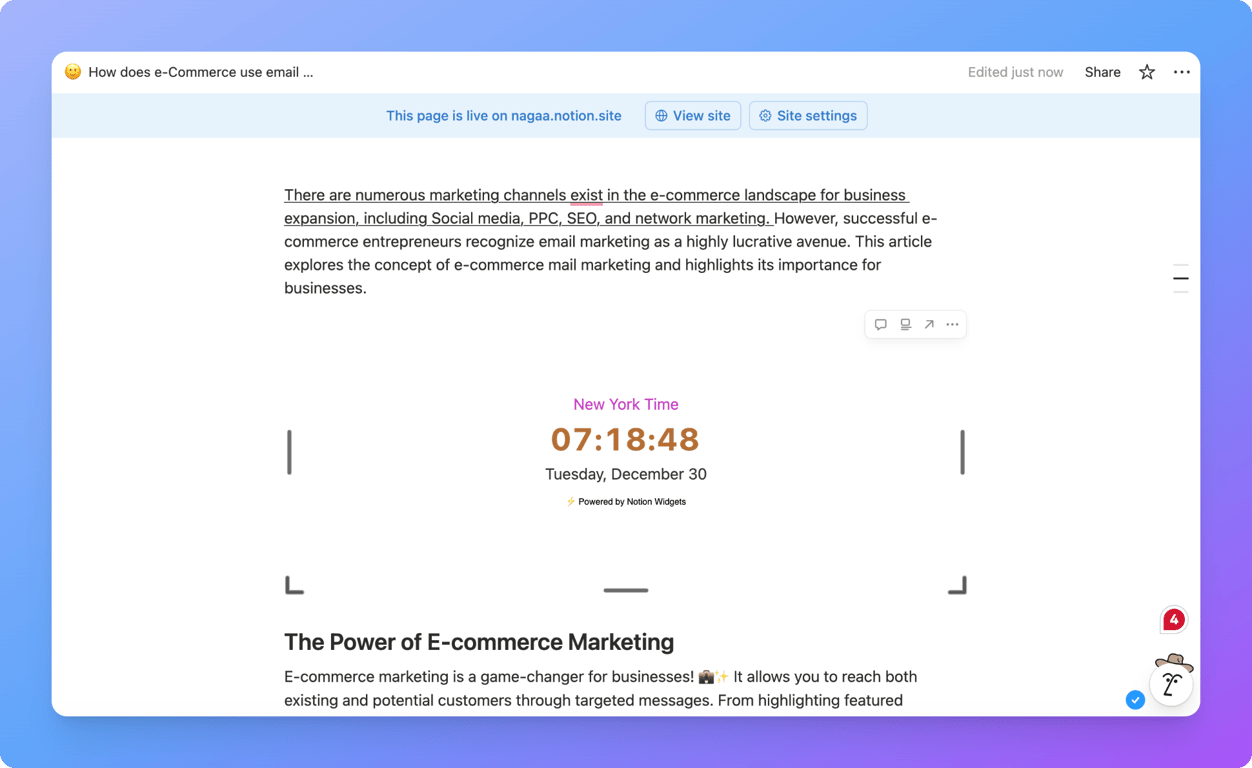 Pasting timer widget embed code into Notion
