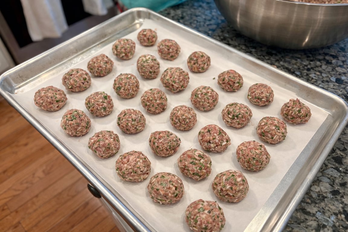 Rolled gently and evenly. Light hands here keep the meatballs tender.