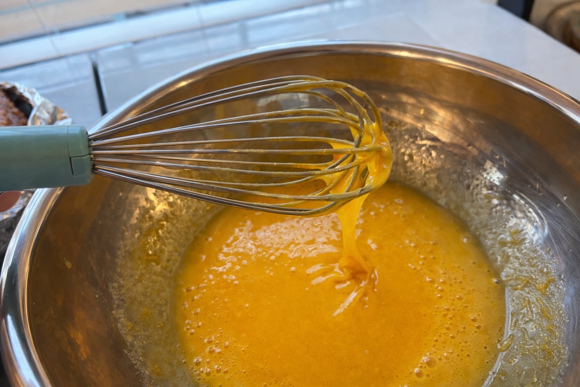 Whisk the egg yolks and sugar until the mixture turns silky and thick and the sugar has completely dissolved.