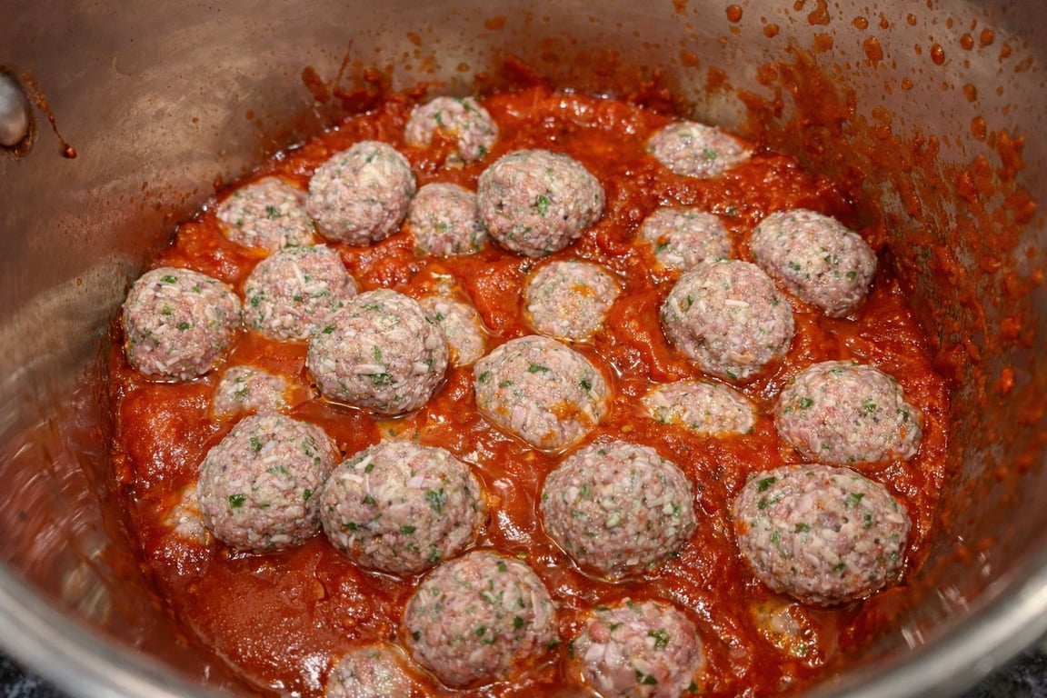 Raw meatballs go straight into the sauce, where they cook slowly and give up their flavor.