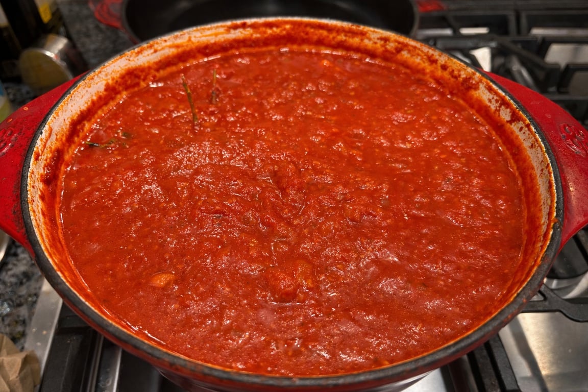 The sauce starts simple—tomatoes, aromatics, and patience.