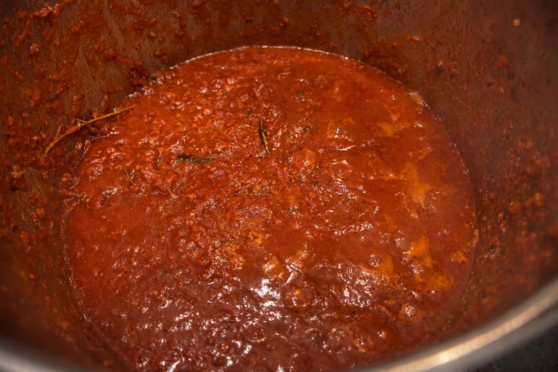 After three hours, the sauce is finished. The meatballs have given up their flavor, the herbs have softened, and everything has melded into something deeper and richer than it was at the start.
