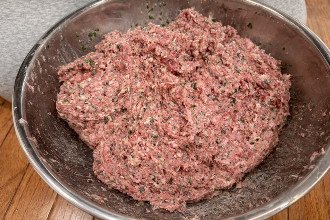 Pork and beef gently mixed with soaked bread, eggs, herbs, and Parmesan. Mix just until combined—overworking makes tough meatballs.
