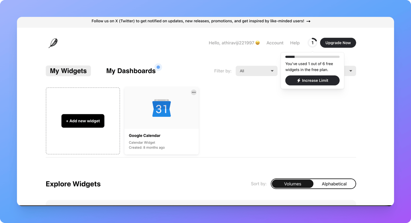 Indify dashboard showing clock widget options