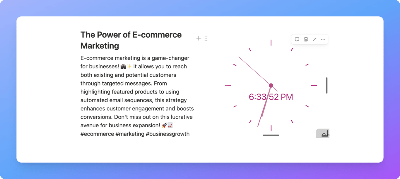 Live clock widget displayed on a Notion page