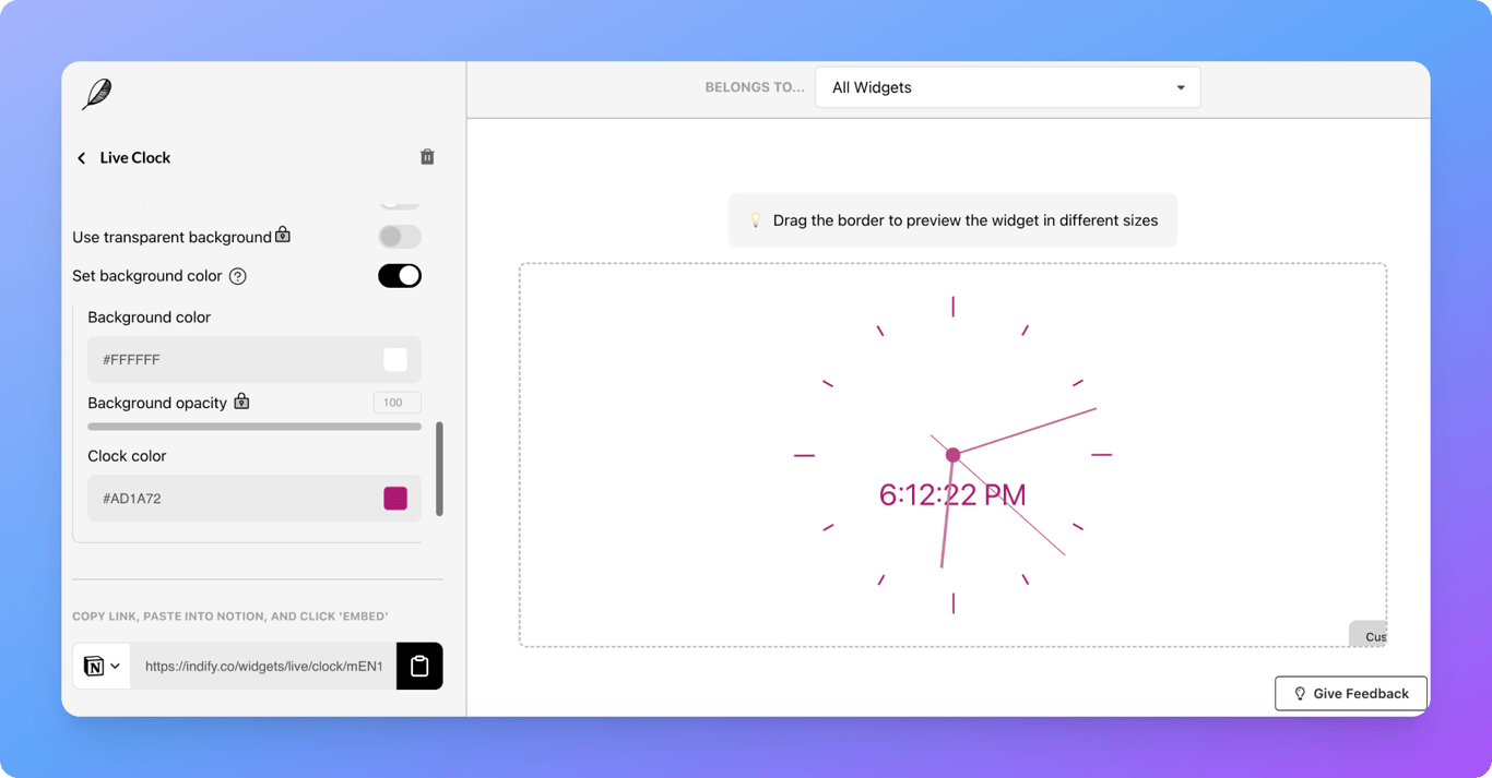 Customizing a live clock widget on Indify