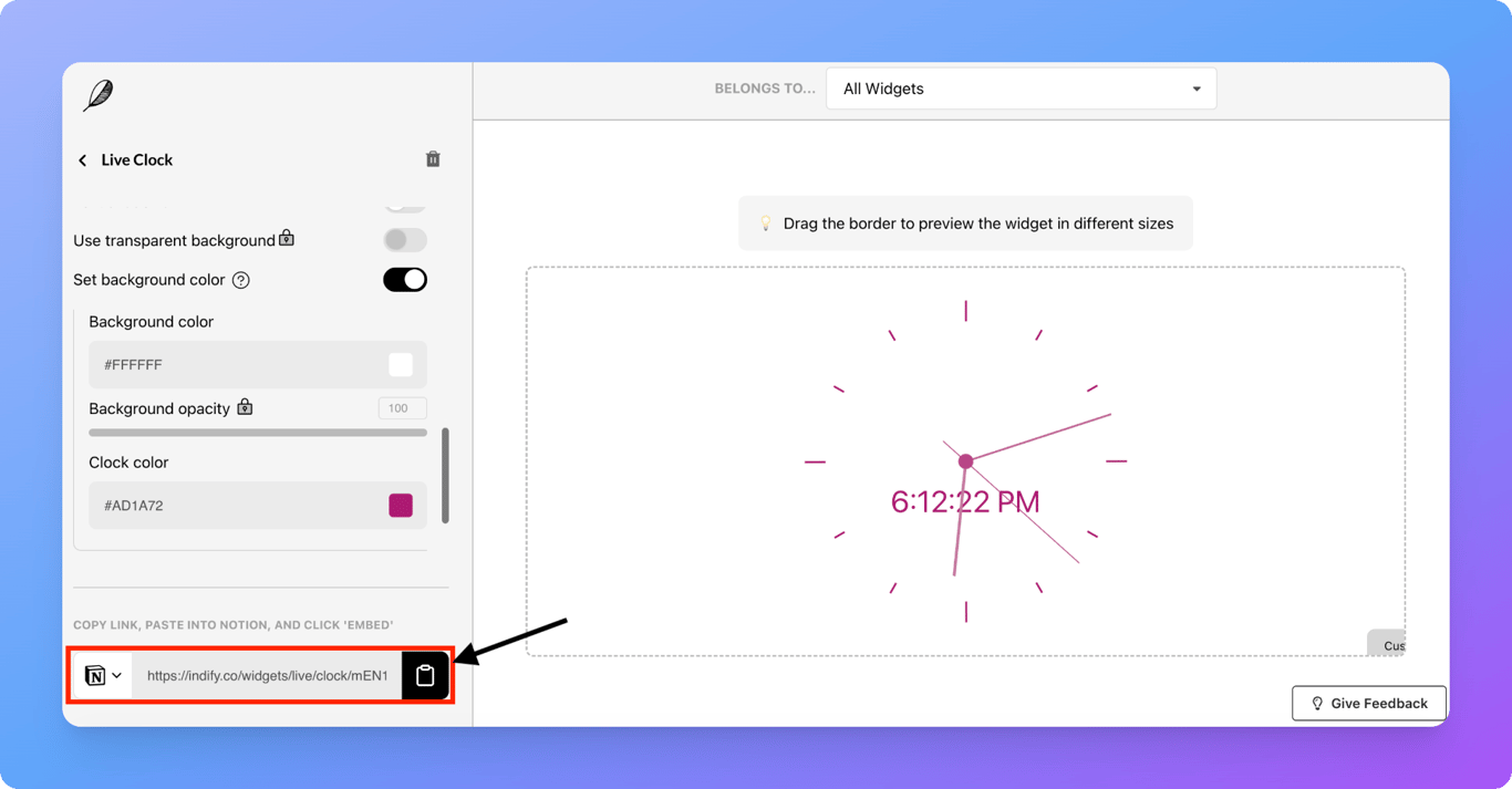 Copying embed link for live clock widget