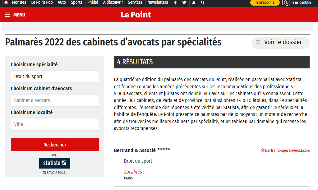 Le Point - Classement des meilleurs cabinets d’avocats en Droit du sport en France