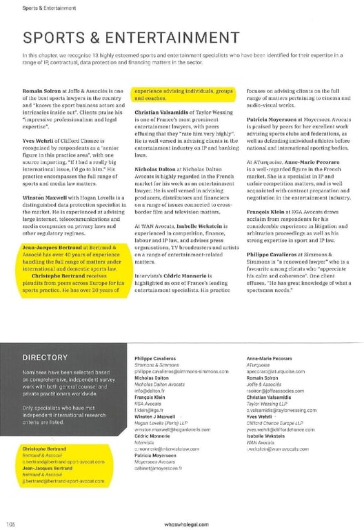 Classement meilleurs Cabinets d’Avocats en Droit du sport - Who’s Who Legal