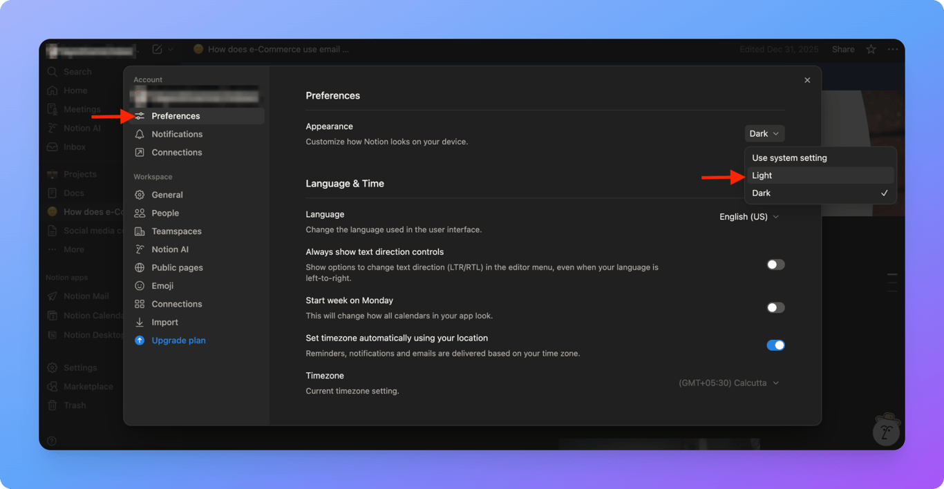 Notion light and dark mode settings