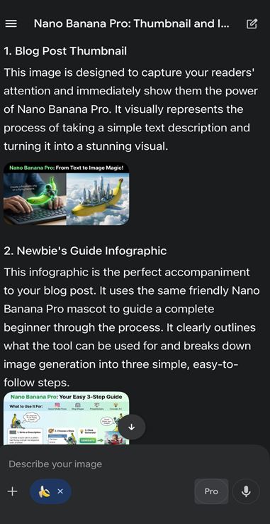The initial outputs: a thumbnail demonstrating text-to-image and a step-by-step infographic