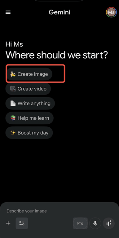The Gemini home screen with the 'Create image' option highlighted