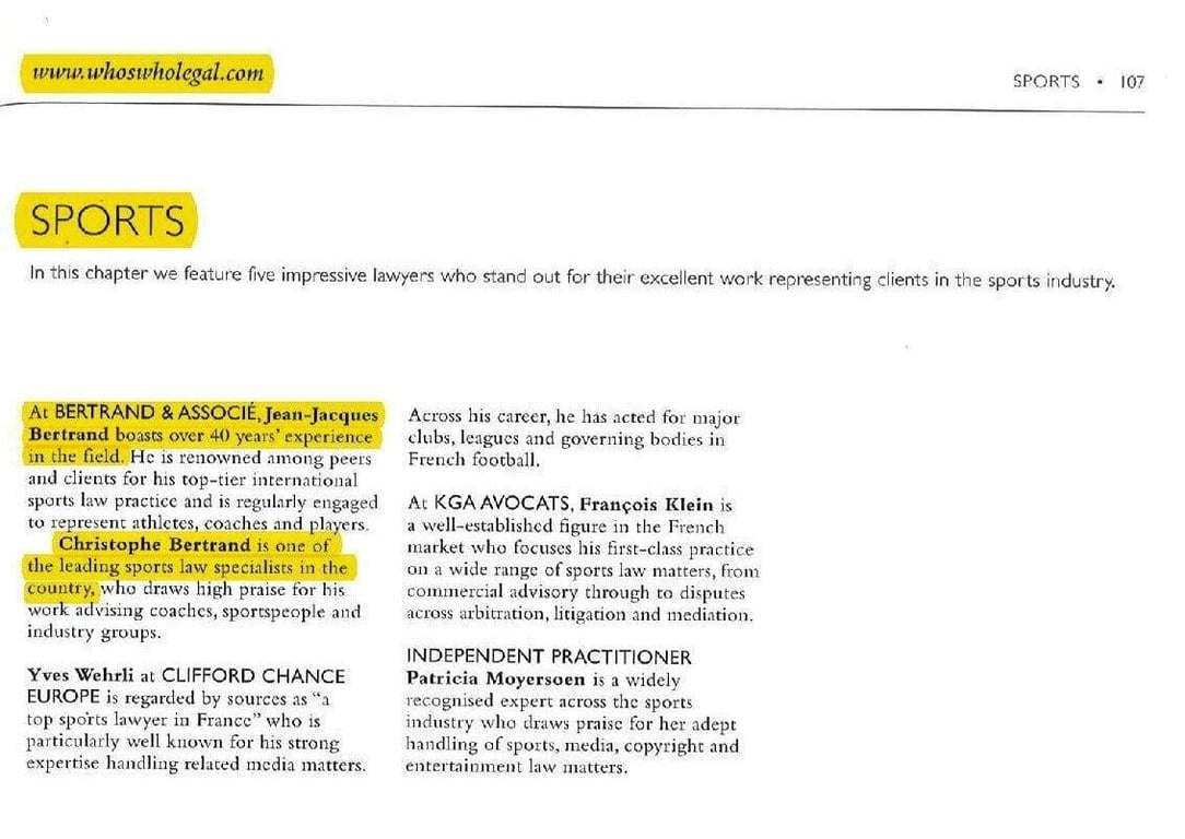 Avocats experts internationaux en Droit du sport - Maître Jean-Jacques Bertrand et Maître Christophe Bertrand