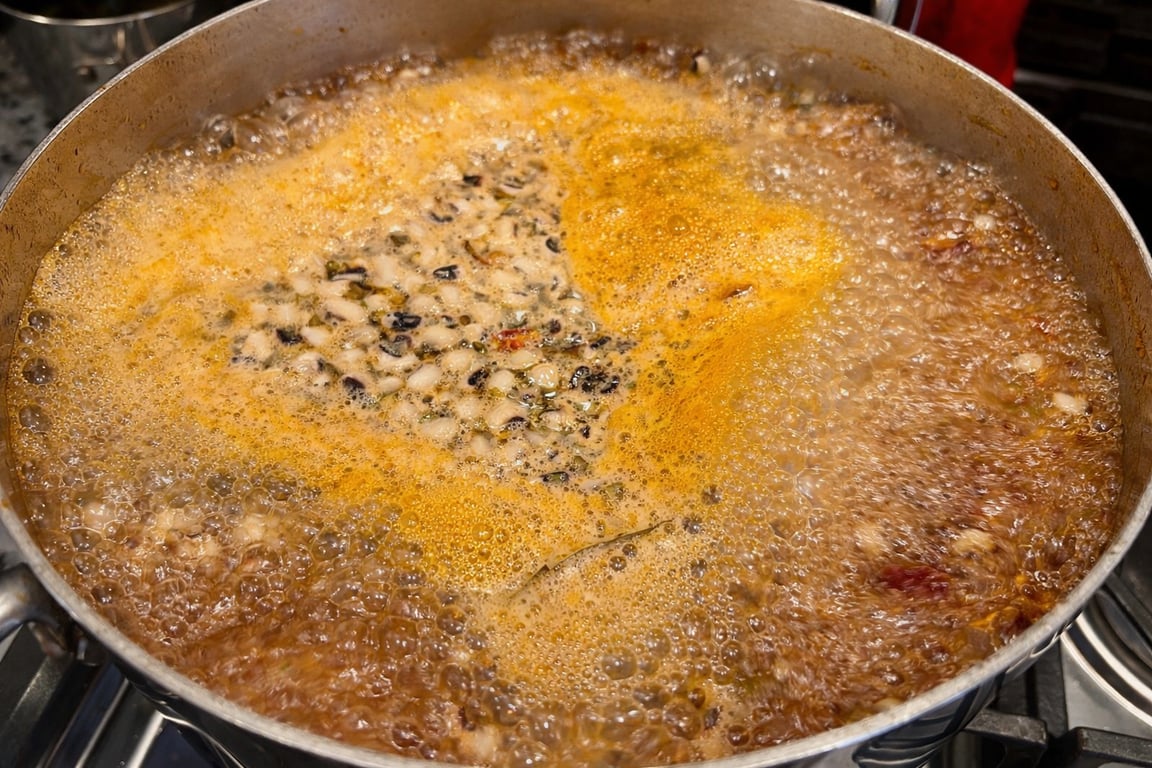 As the beans simmer, a light foam rises to the surface — skim it away for a cleaner, clearer broth while keeping all the flavor beneath.