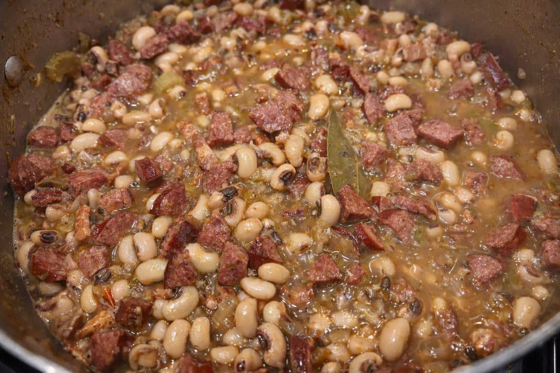 As the beans finish cooking, their natural starch thickens the broth on its own — a clear sign they’re done: creamy, cohesive, and deeply flavorful without any added thickeners.