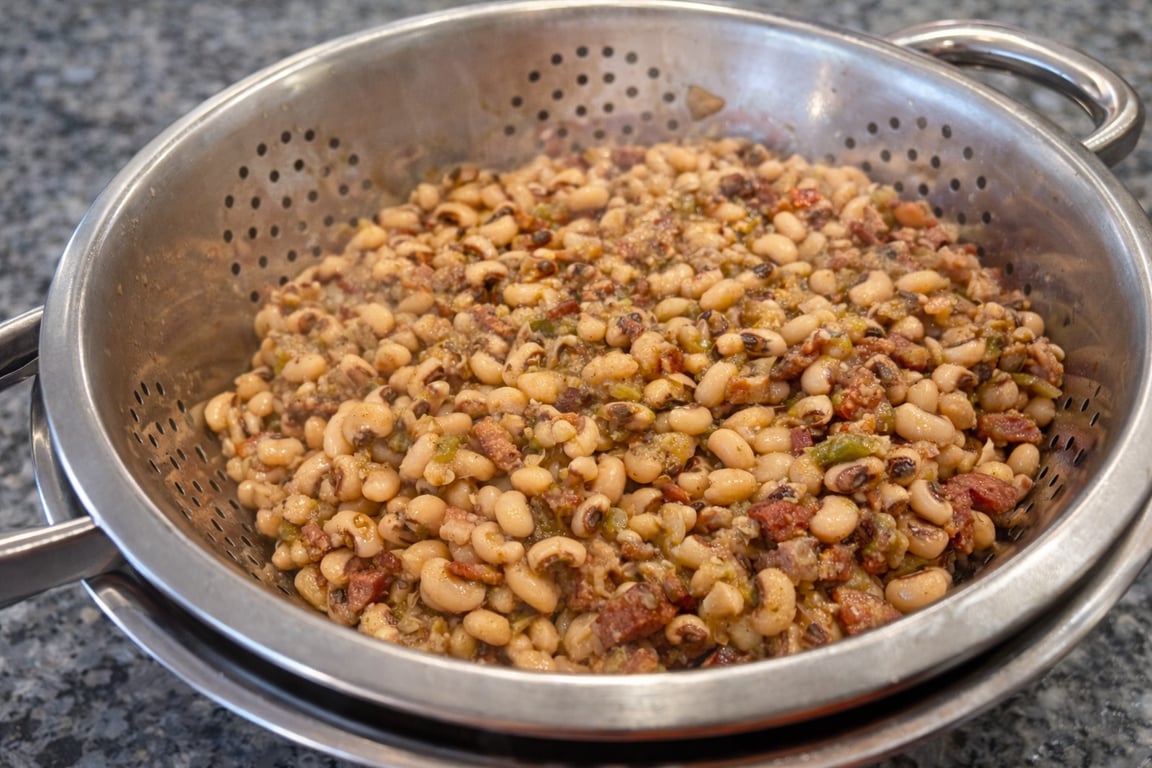 Drain the beans in a colander set over a bowl to catch the broth. Save that liquid gold — it’ll be used later to fortify the rice and finish each serving with extra depth and luck.