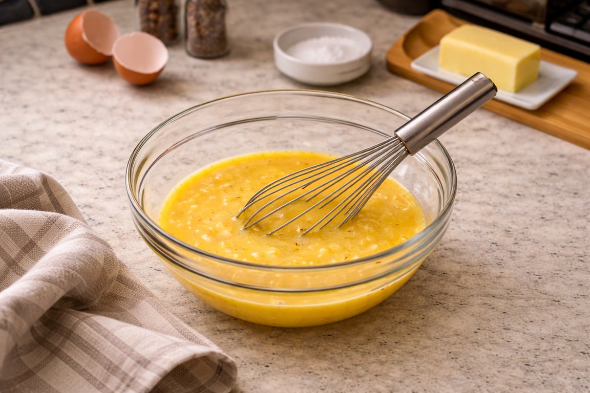 Good eggs don’t rush. A short rest lets the proteins settle, making the eggs creamier.