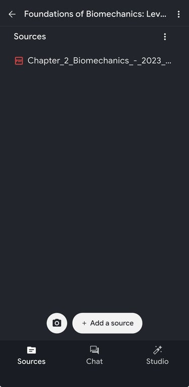 NotebookLM’s Sources panel with my biomechanics chapter uploaded