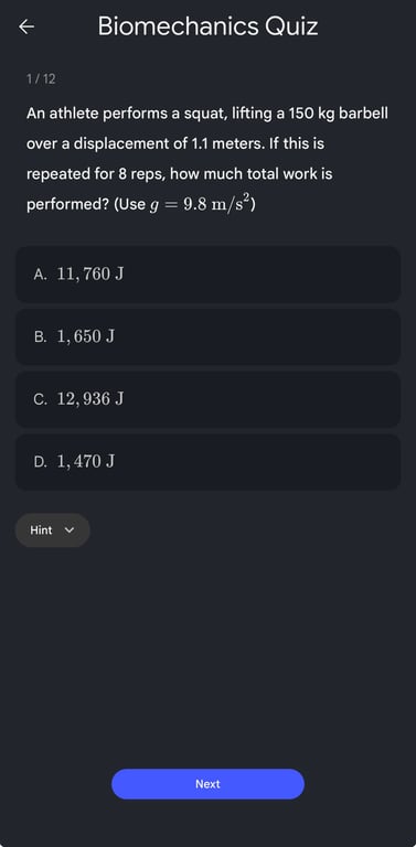 A sample quiz question testing application of the Work formula