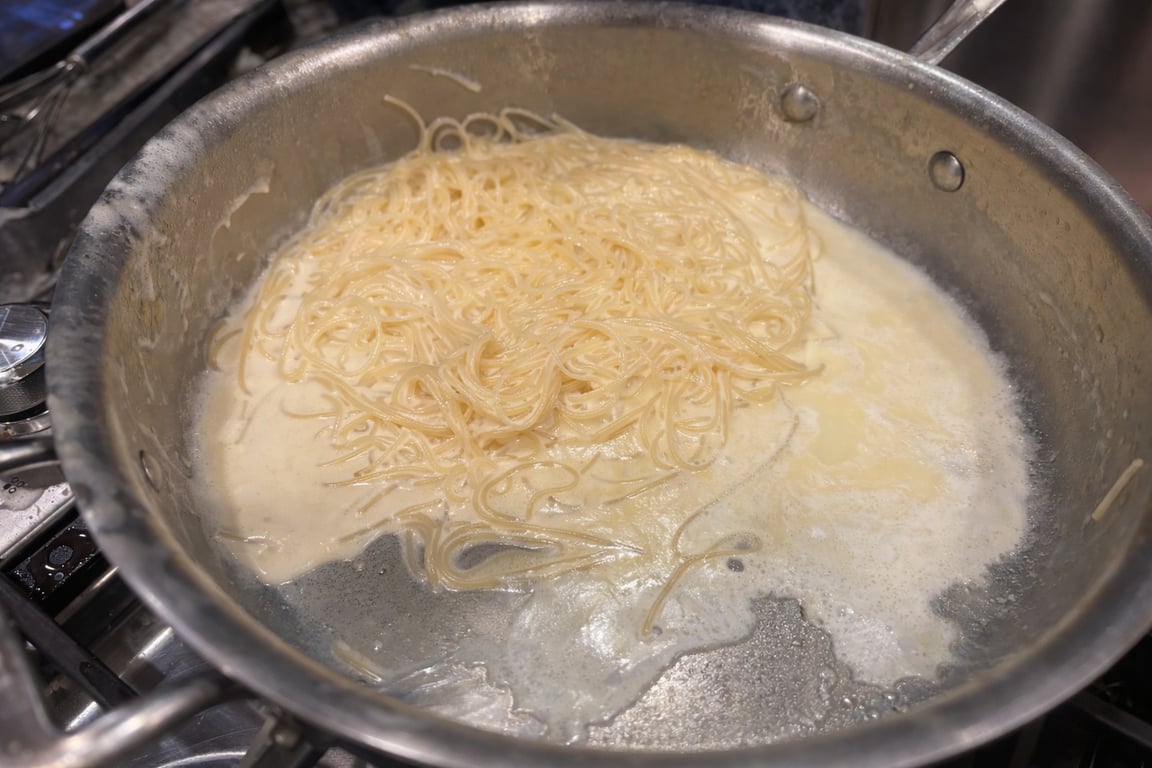 Capellini added directly to the sauce. This is where pasta water does the real work.