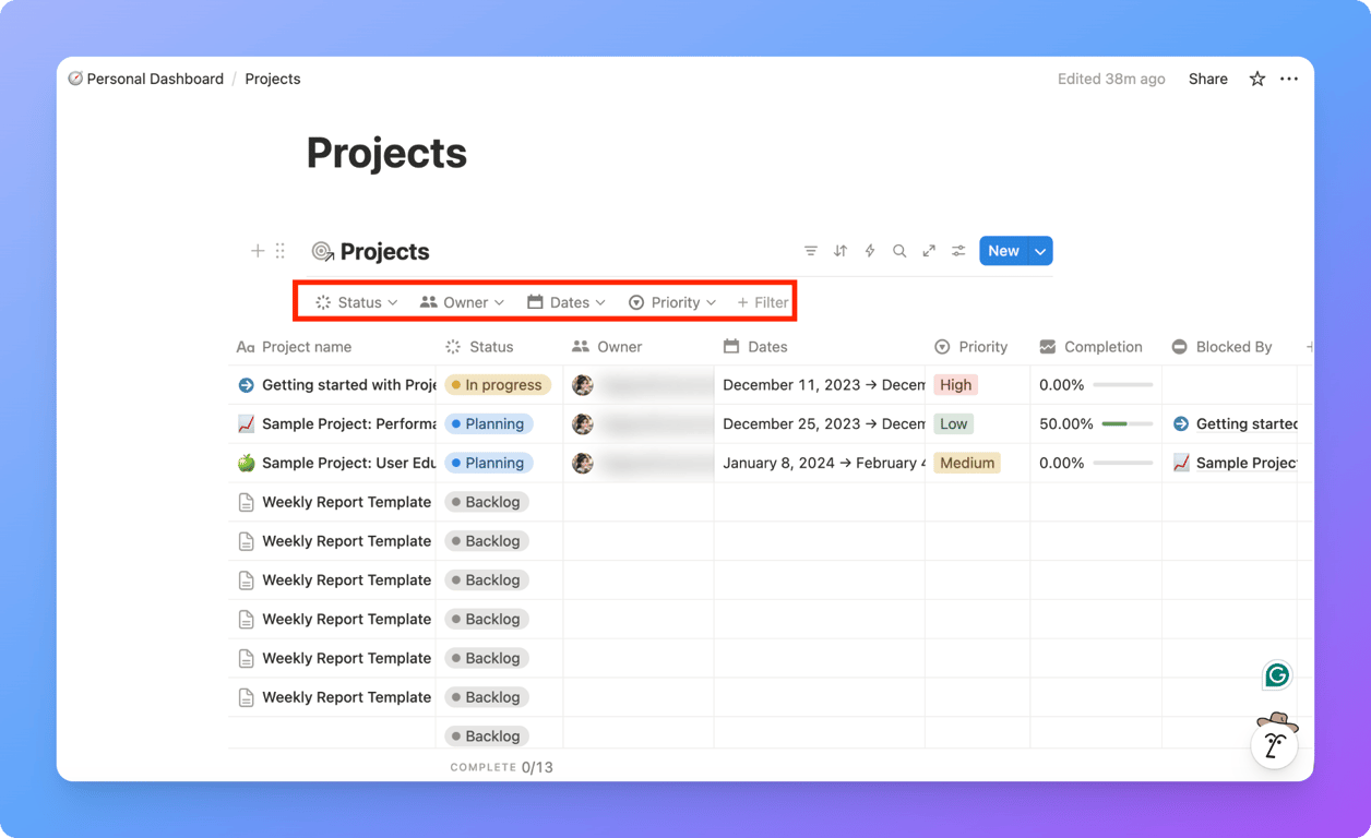 Filtering the databse with different categories