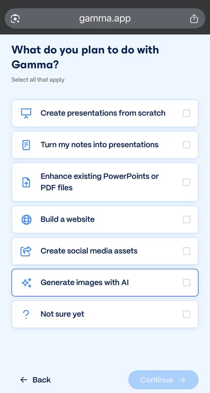 Gamma.app onboarding screen showing various options.