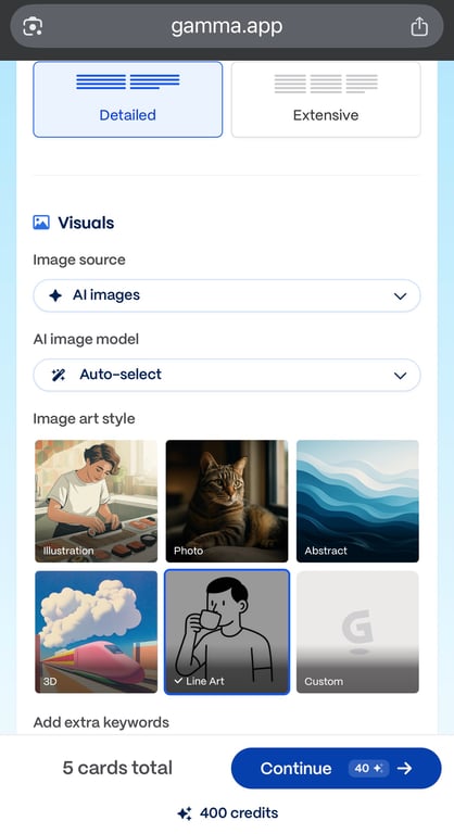 Visuals panel showing "Image source" set to "AI images," "AI image model" set to "Auto-select," and "Image art style" options displaying Illustration, Photo, Abstract, 3D, Line Art (selected), and Custom thumbnails