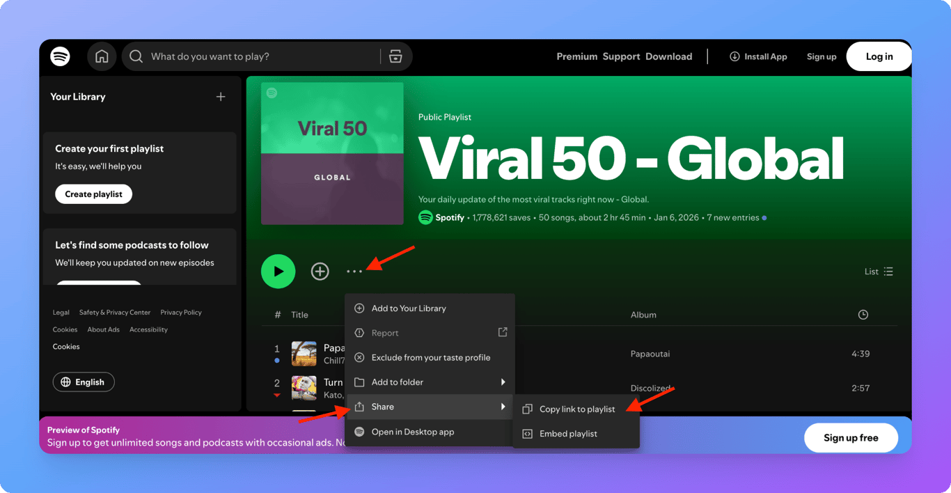 Spotify share menu showing embed option for playlists