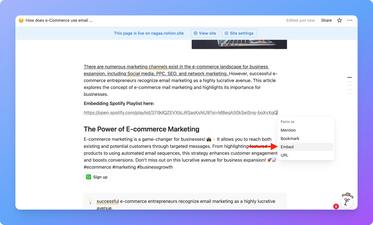 Notion create embed option for Spotify link