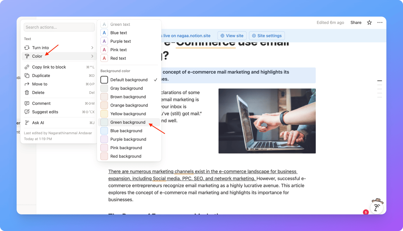 Block background color applied in Notion