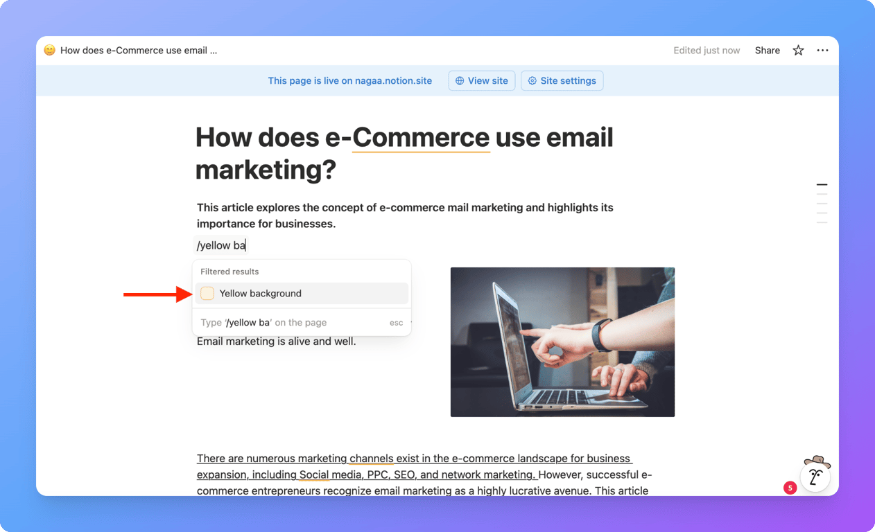 Slash command for background color in Notion