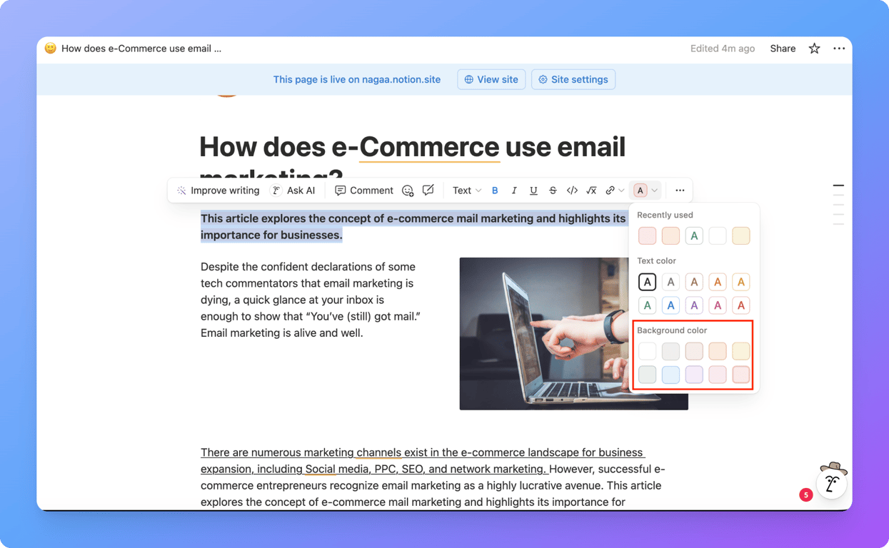 Highlighted text with background color in Notion