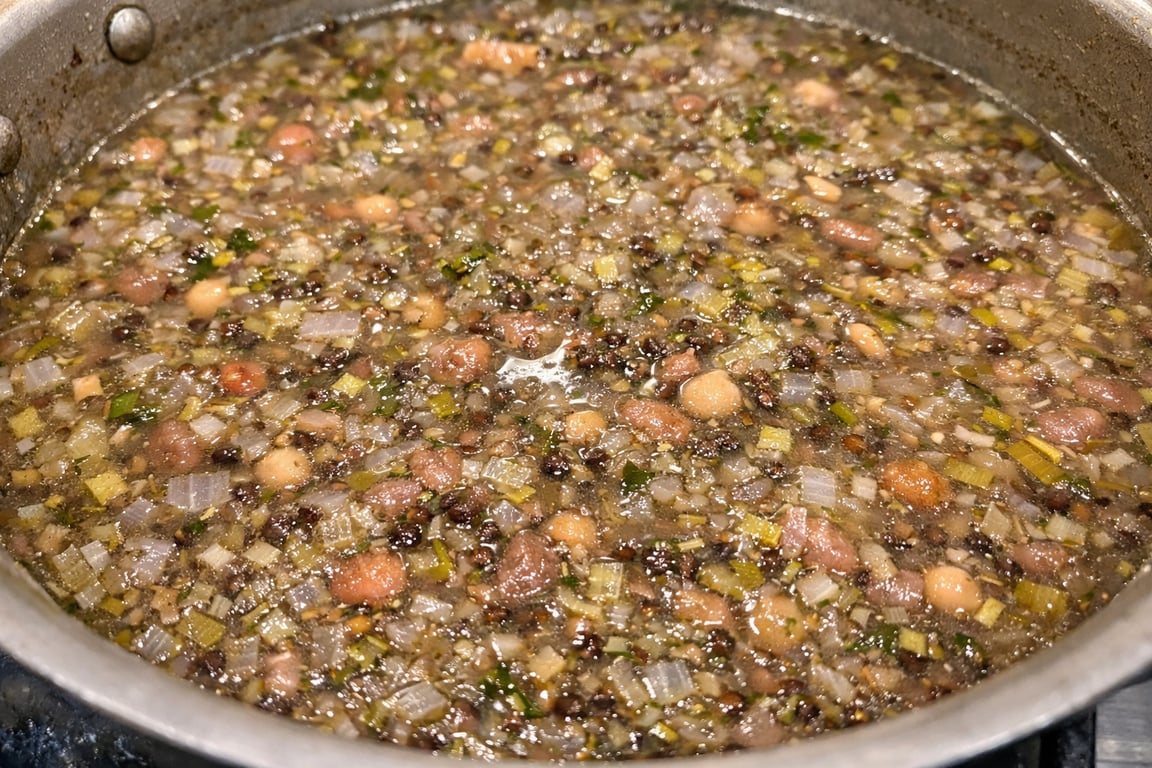 Bean broth thickened but still loose and spoonable