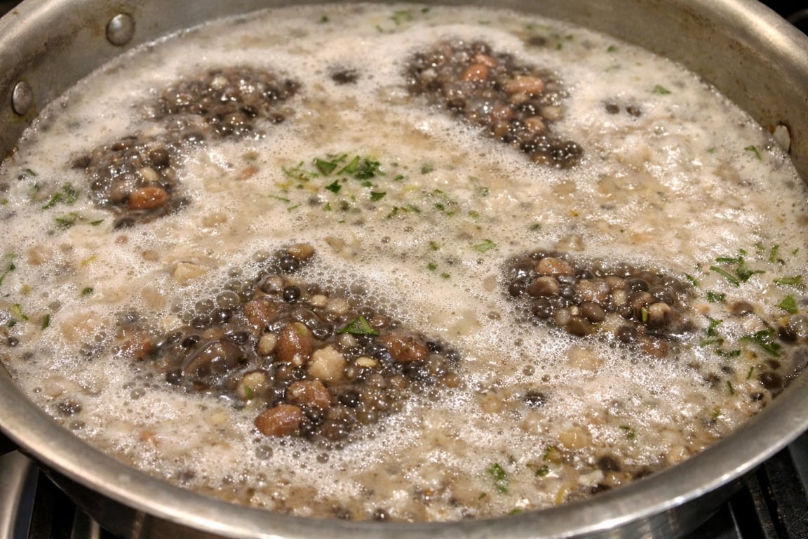 Beans naturally release some foam when they first come to a boil. Skim this off for a cleaner, purer flavor.