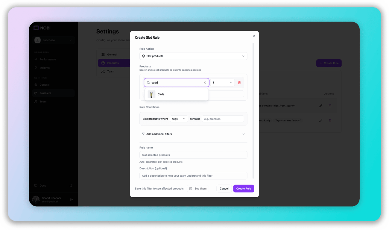 The rule builder interface for slotting products