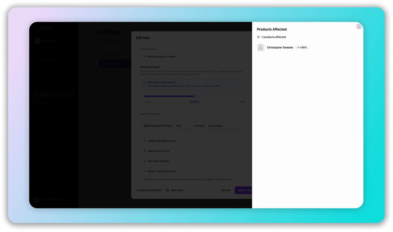 The preview panel shows how many products match your rule, ignoring visitor-specific criteria like location