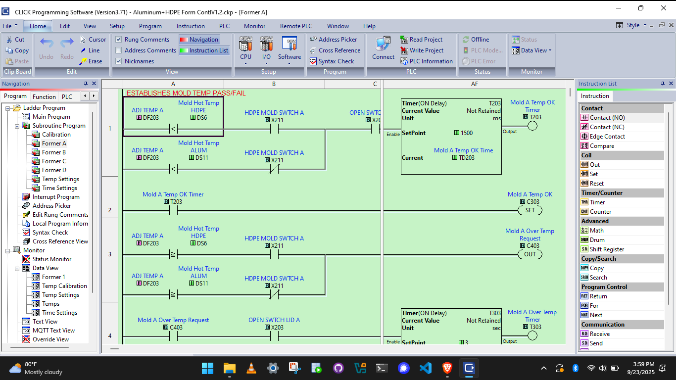 Example ladder logic used by the PLC’s controlling the Kydex molds.