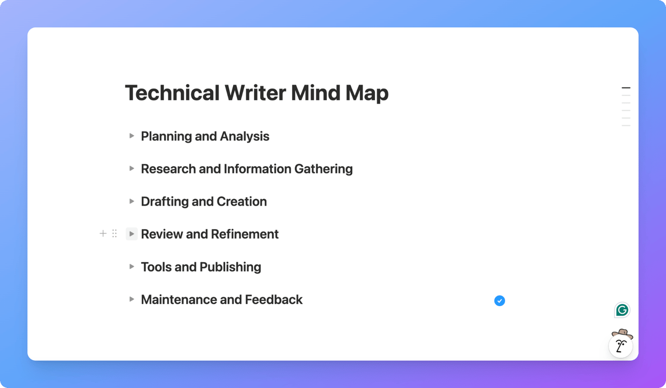 Toggle headings in Notion used as mind map branches