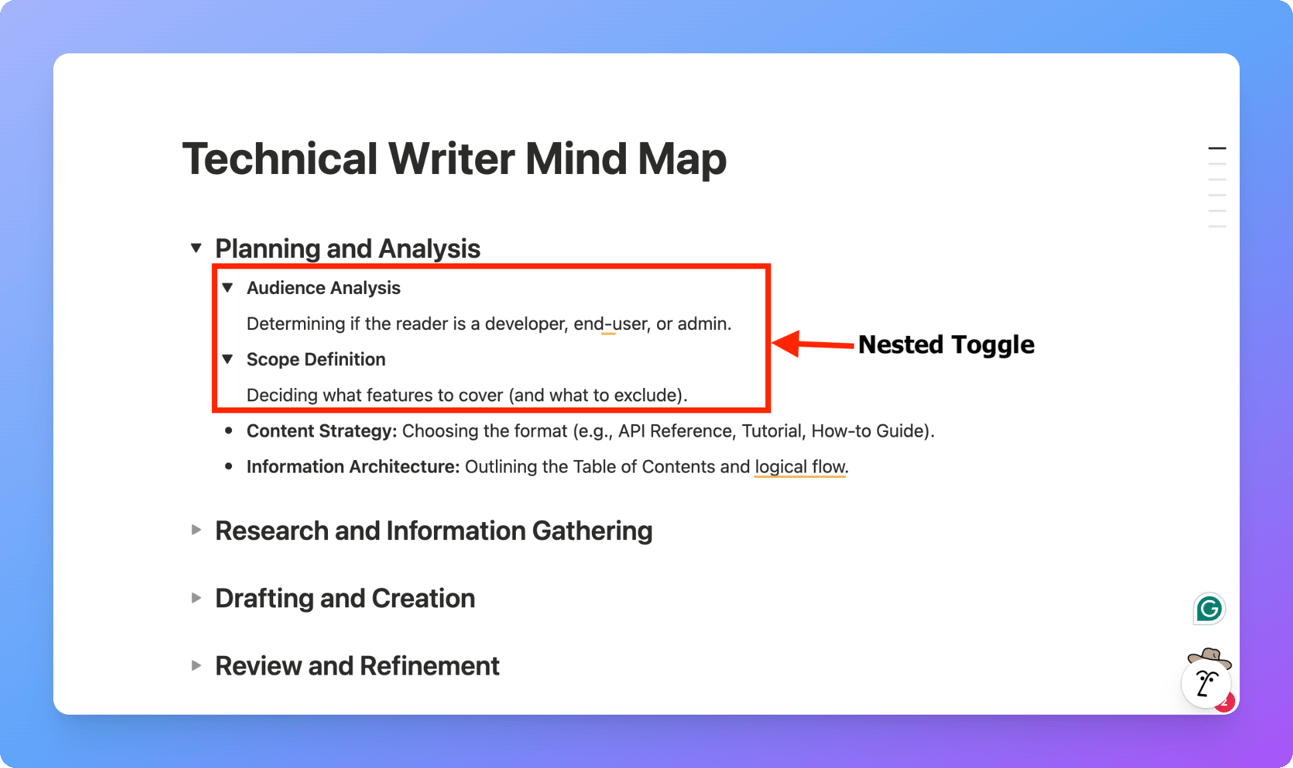 Nested toggle lists in Notion forming sub-branches