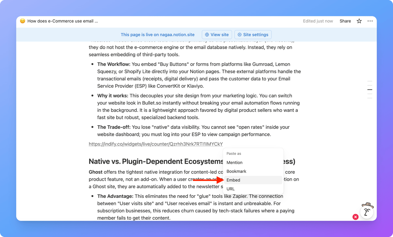 Pasting a widget embed link into a Notion page