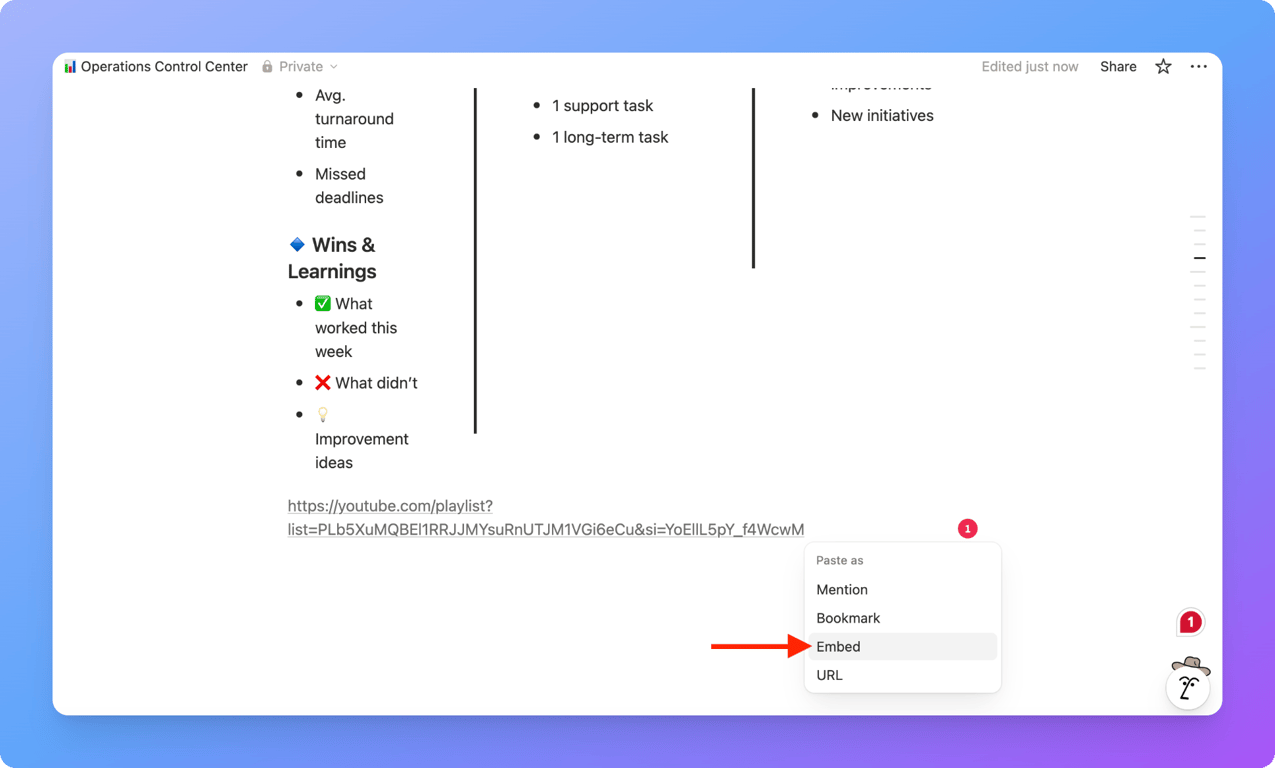 Selecting the Create Embed option in Notion for a YouTube playlist