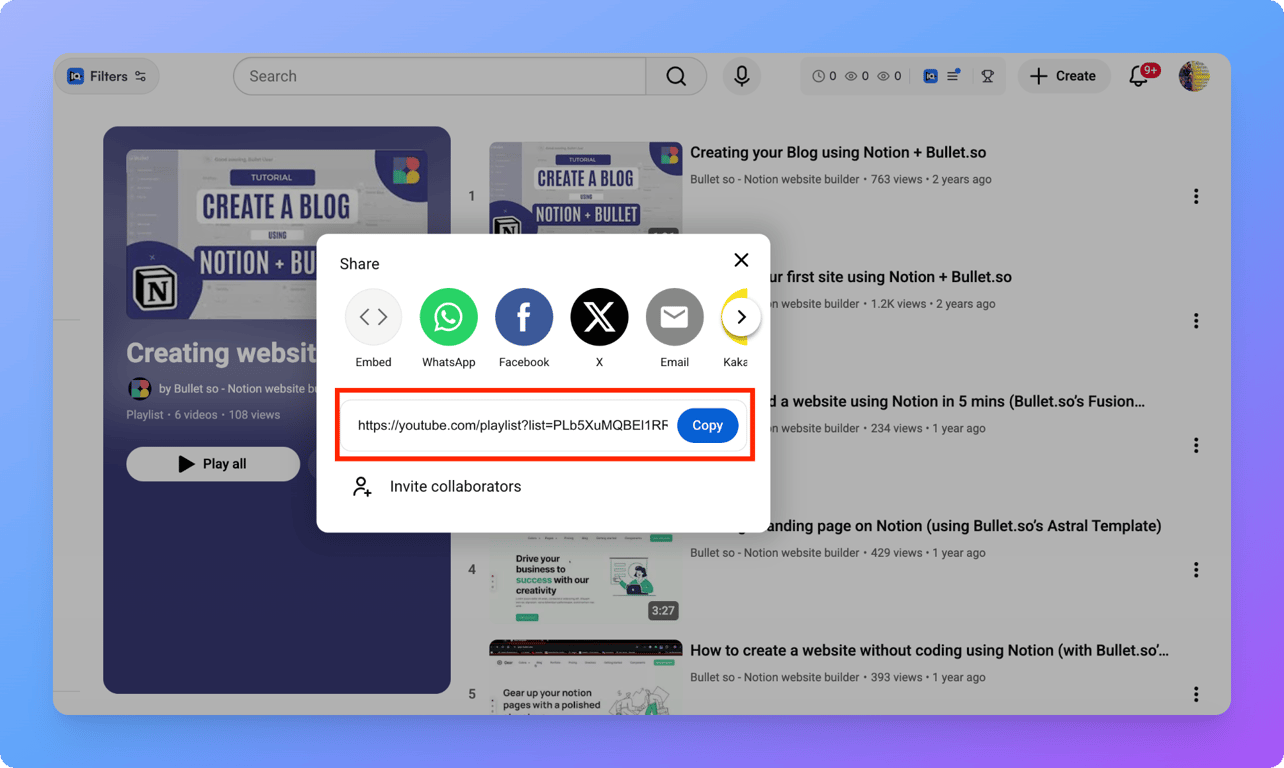 Copying a YouTube playlist link using the Share button