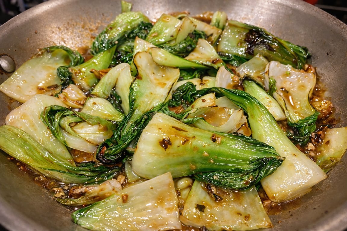 Baby bok choy tossed with ginger, garlic, and oyster sauce.