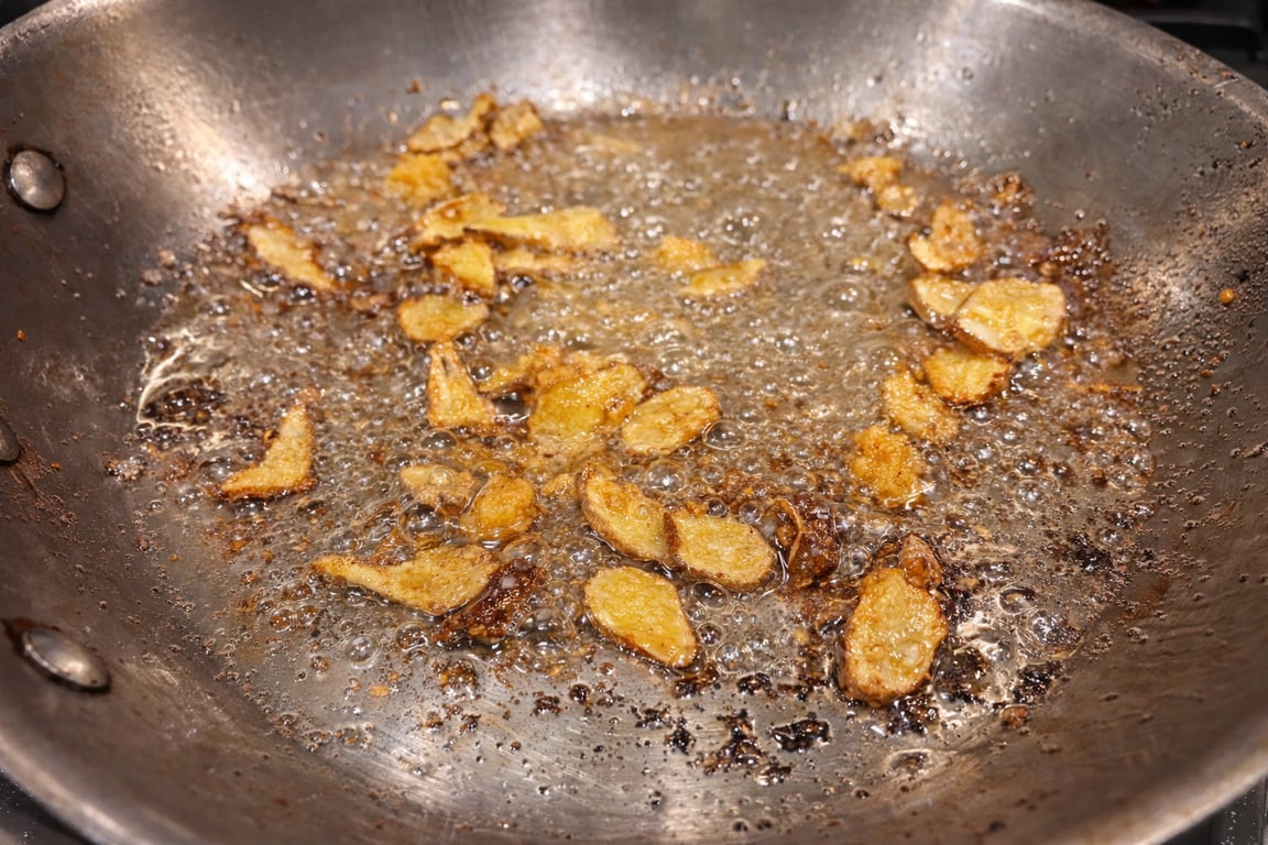 Ginger foins and garlic sizzling in hot oil until lightly golden.
