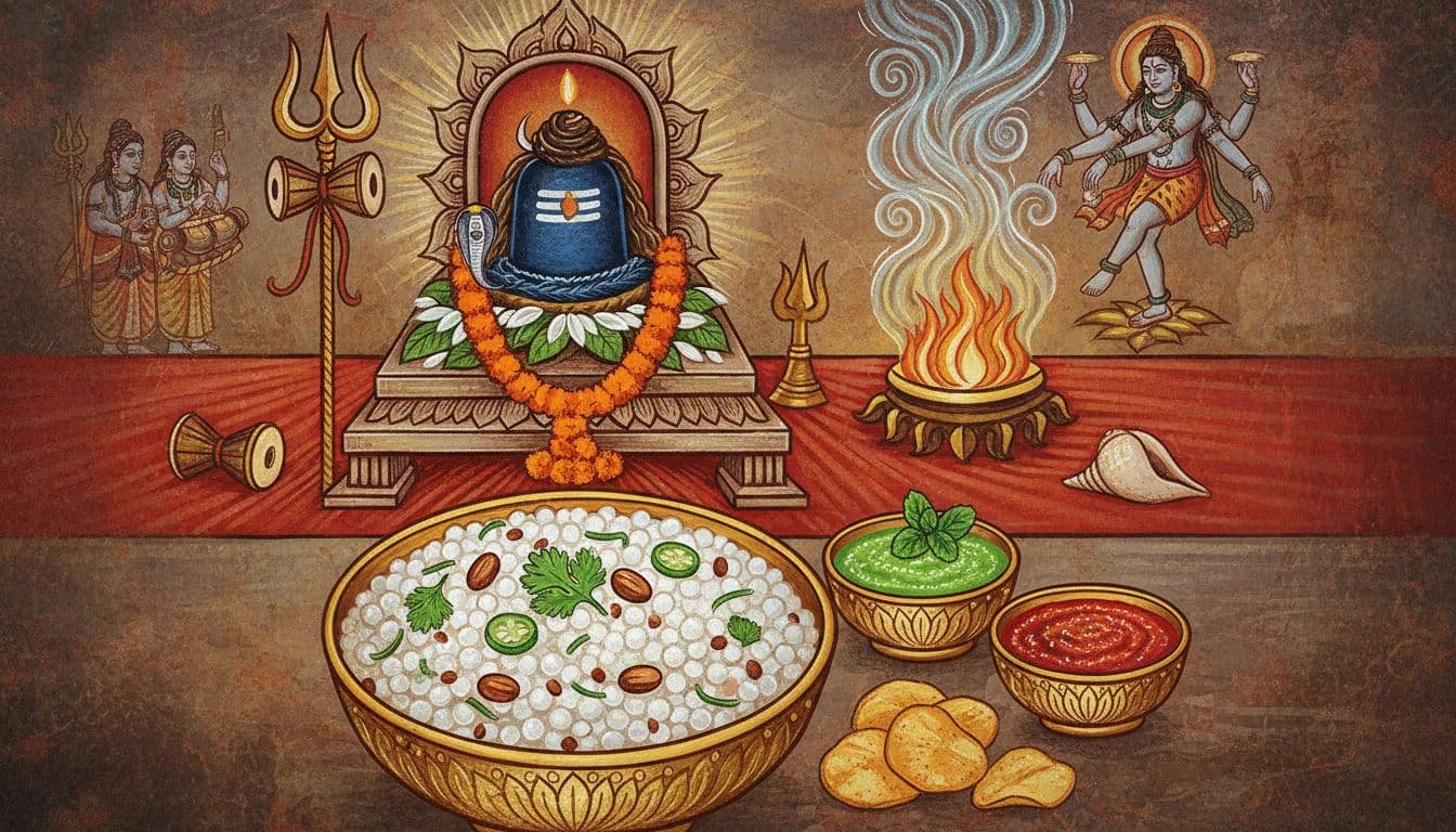 artistic illustration of a bowl of sabudana khichdi, placed before a shiva linga. an image of shiva dancing in the background
