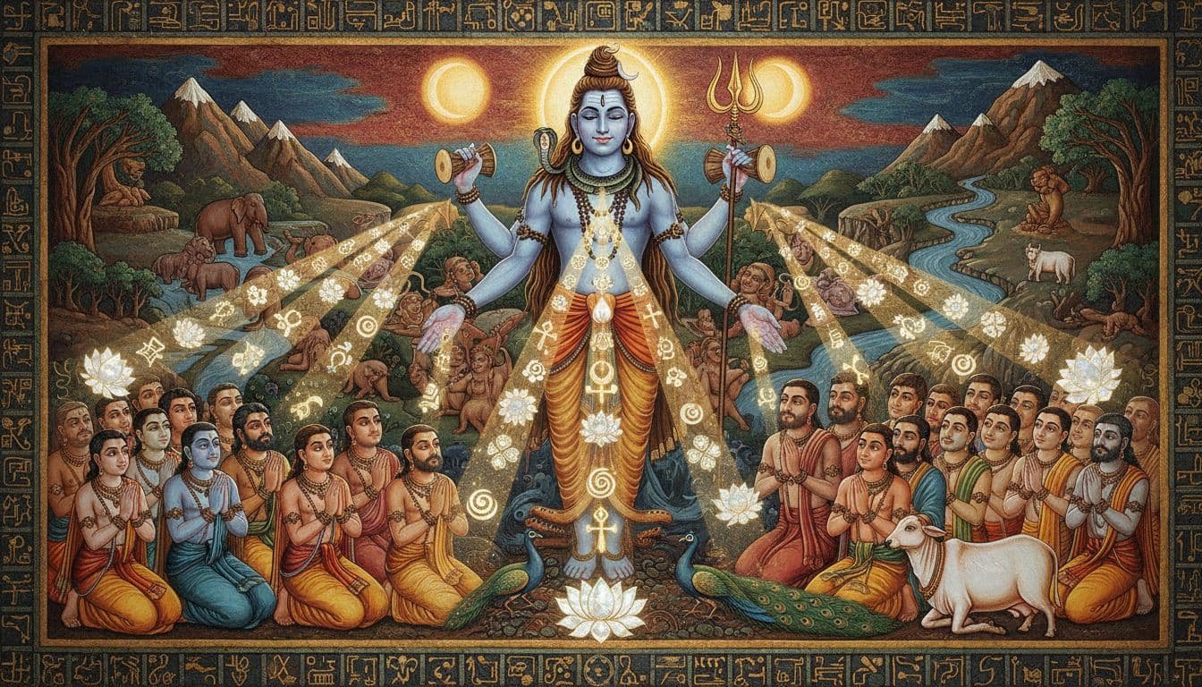 Shiva standing in the midst of his devotees, while his blessings are showered upon them