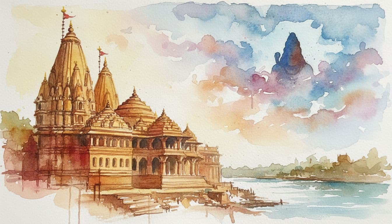 watercolor rendition of the Kashi vishwanath temple, with a silhouette of shiva in the background