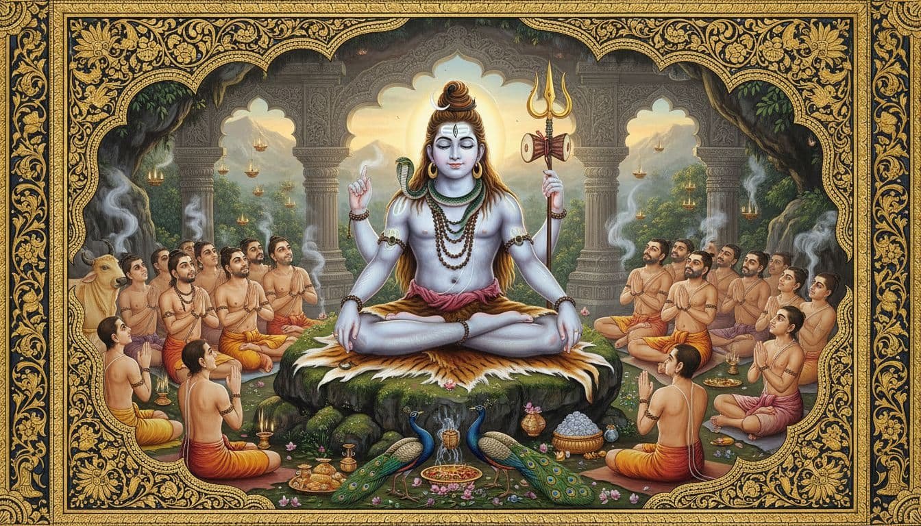 shiva centrally seated among his students, with two peacocks before him