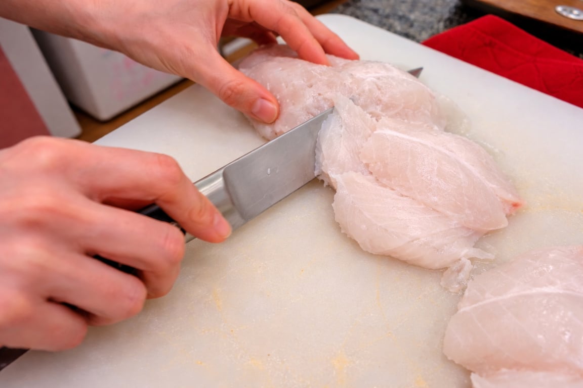 Cutting on a bias gives you better texture and more surface area for crisping.