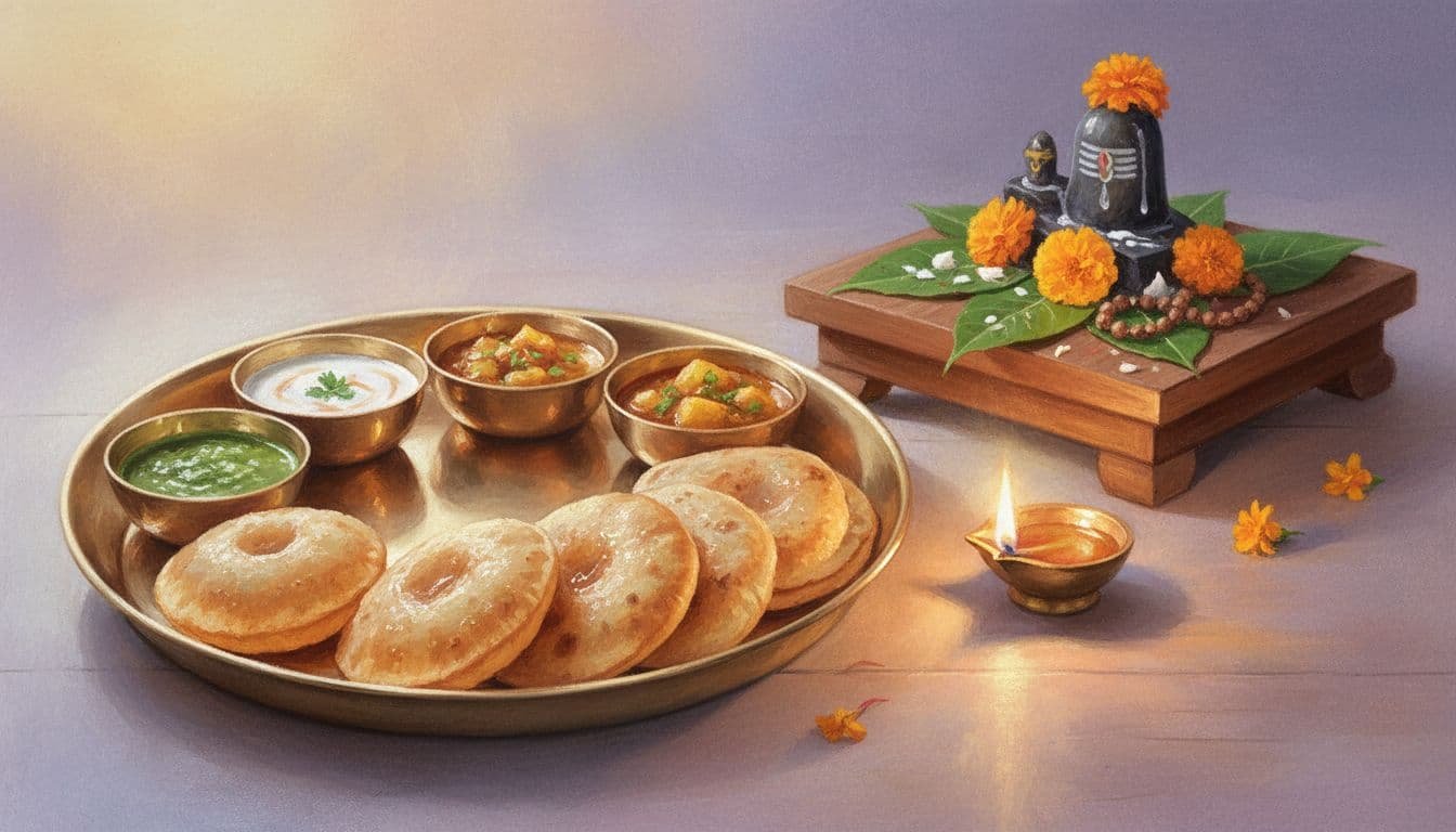 golden-brown kuttu ki puri, next to a Shiva linga puja setup